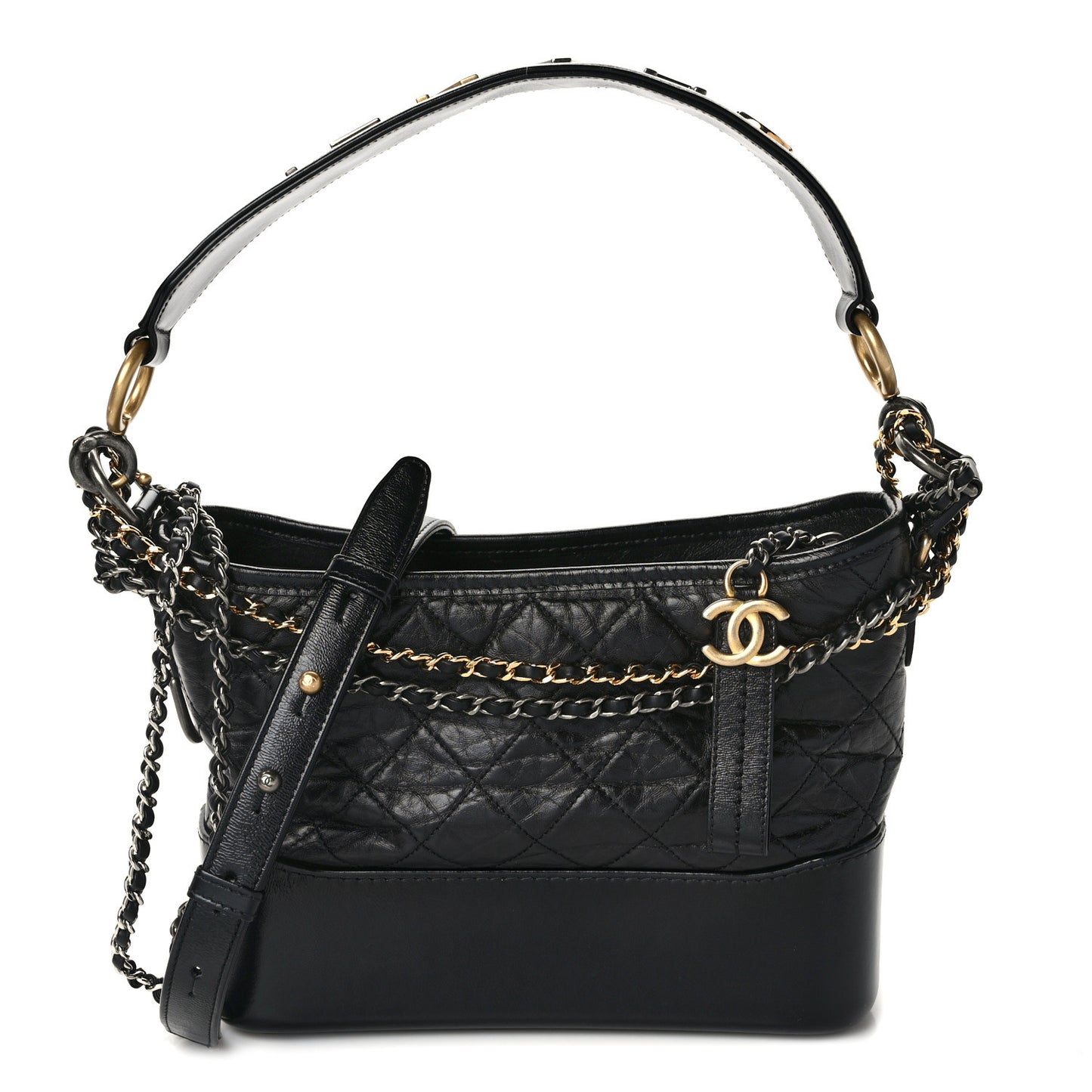 Aged Calfskin Quilted Medium Gabrielle Logo Hobo Black