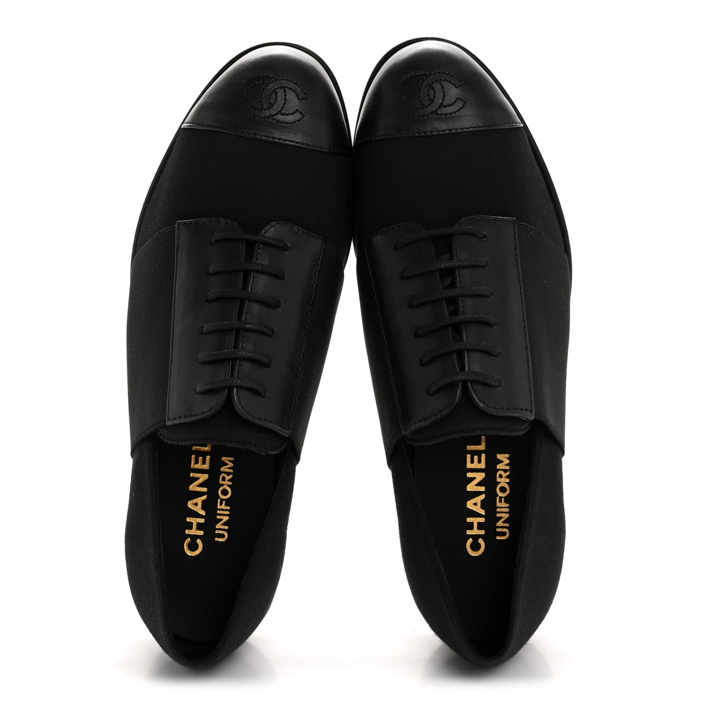 Calfskin Elastic Lace Up Cap Toe CC Loafers 35.5 Black