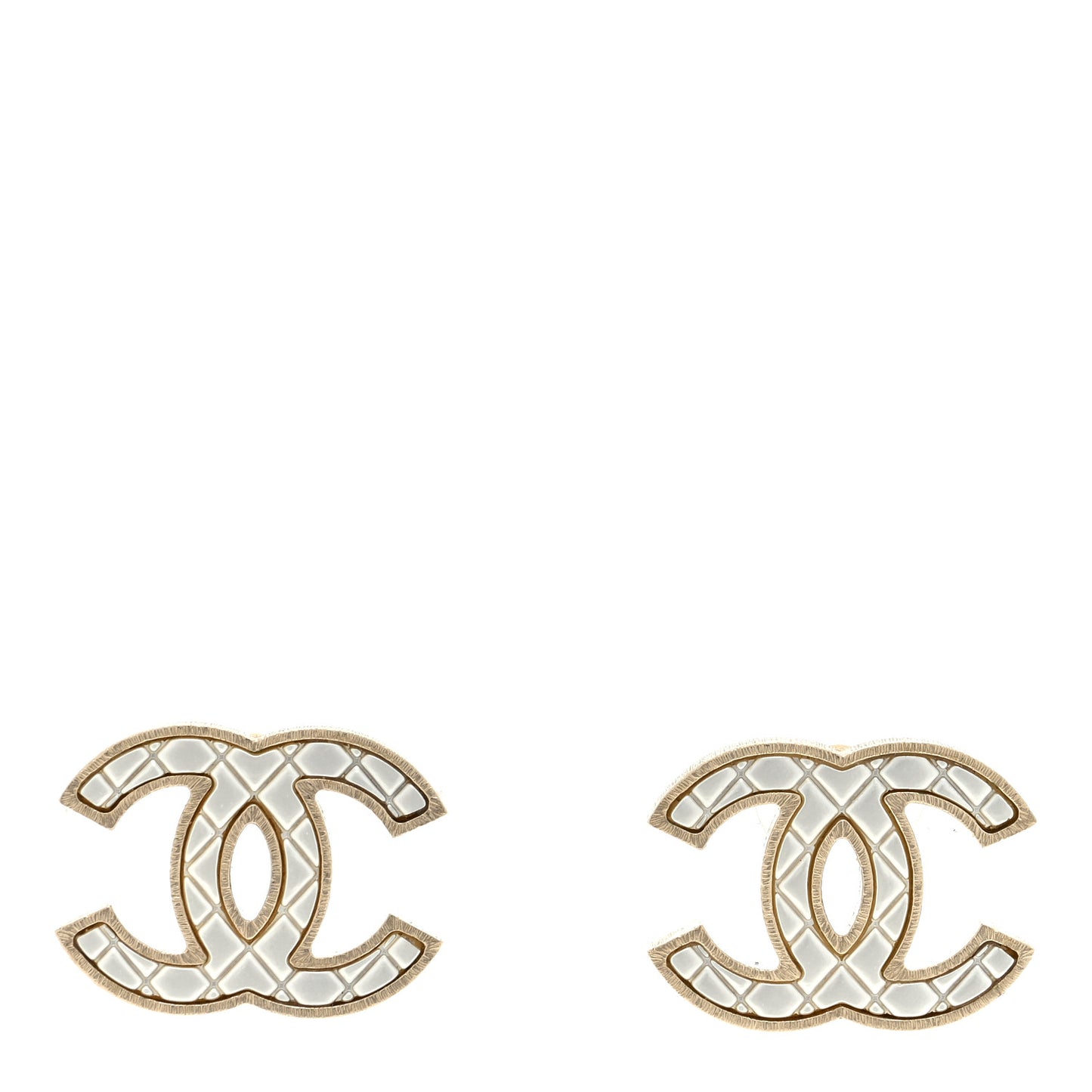 Metal Quilted CC Earrings Gold White
