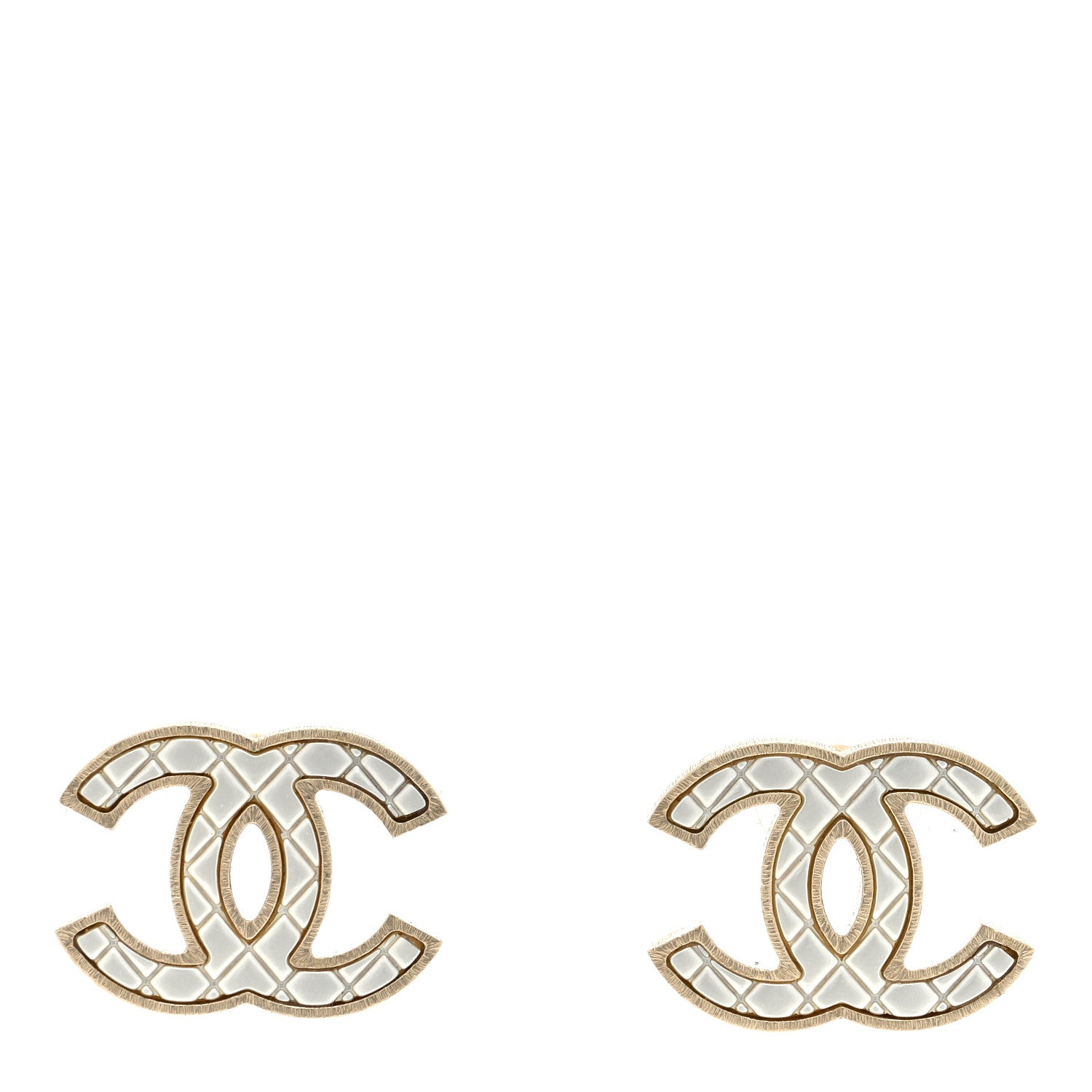 Chanel Metal Quilted CC Earrings Gold White 1 of 4