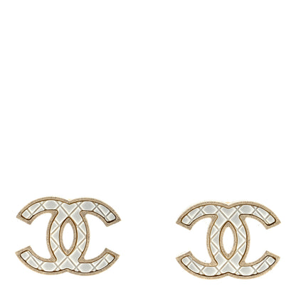Chanel Metal Quilted CC Earrings Gold White 1 of 4