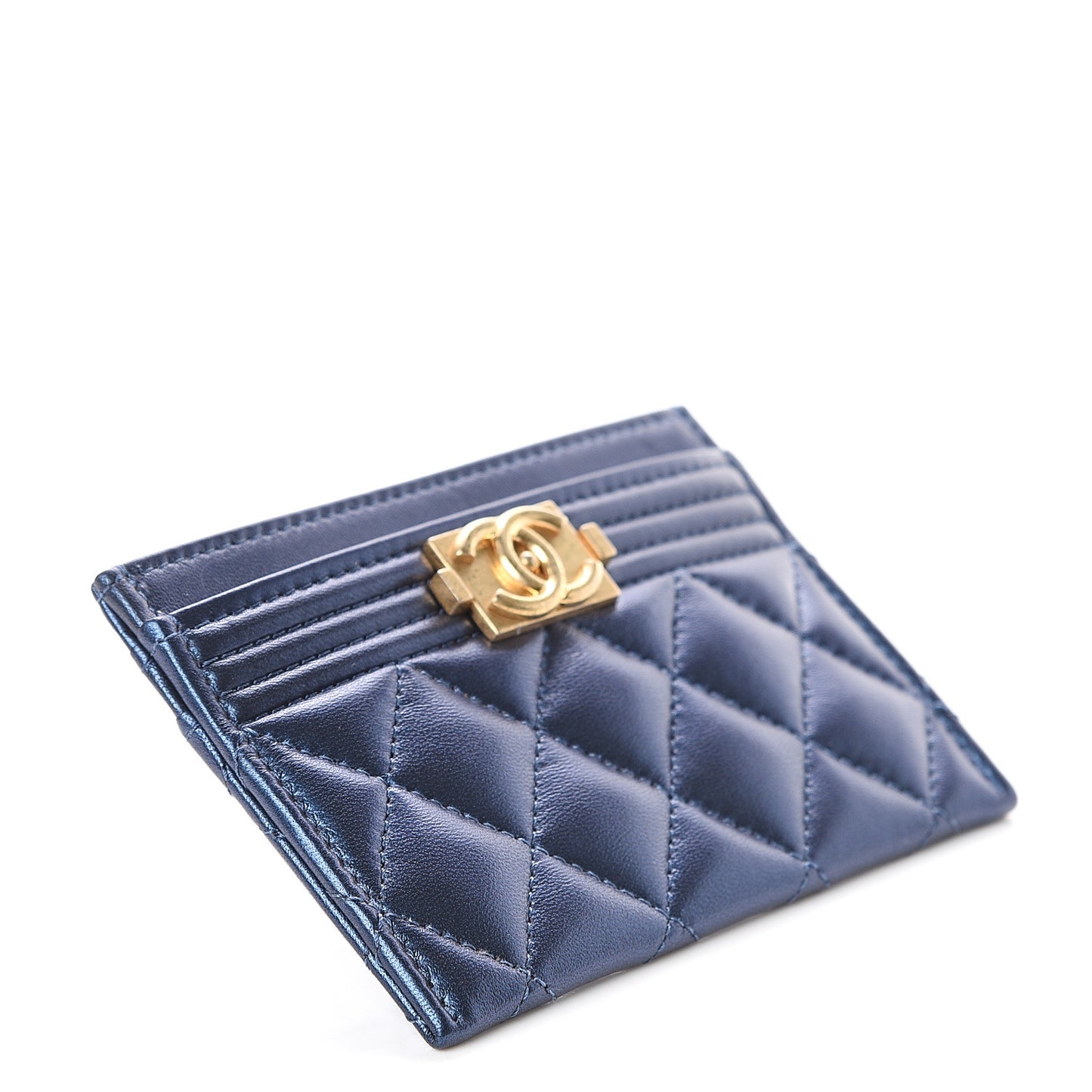 Metallic Lambskin Quilted Card Holder Navy