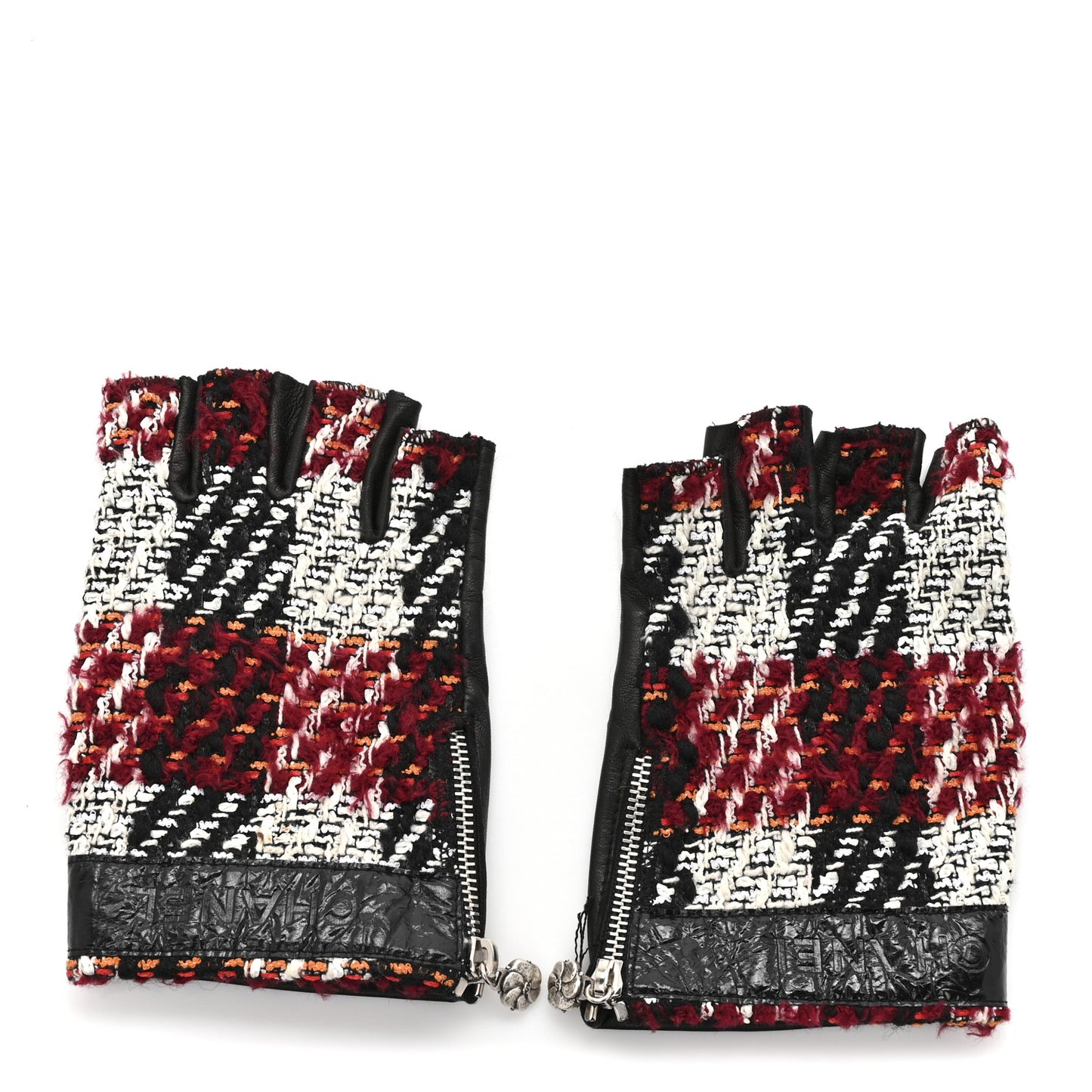 Tweed Lambskin Fingerless CC Gloves 8.5 Black White Red