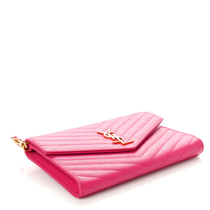 Saint Laurent Grain De Poudre Matelasse Chevron Monogram Envelope Clutch Fuchsia 4 of 9