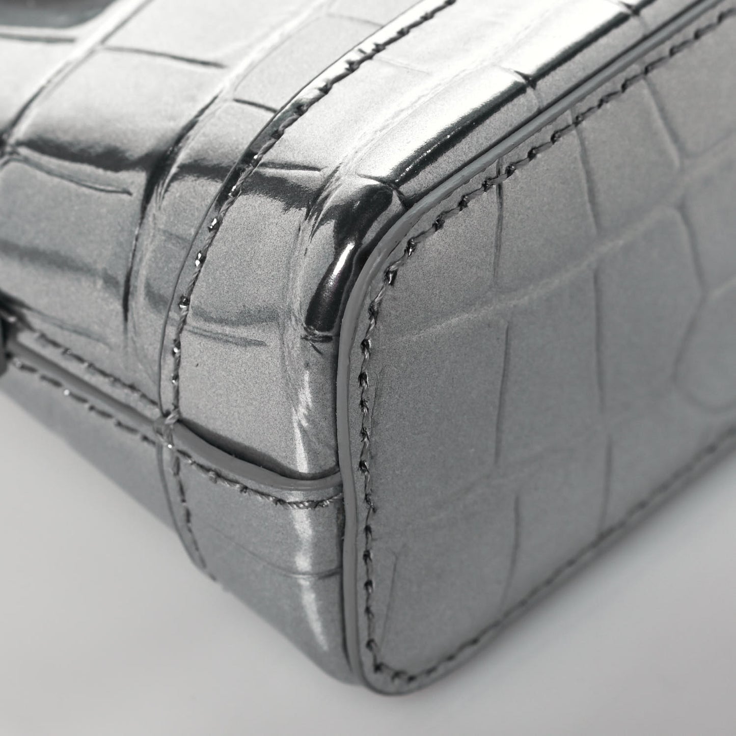 Metallic Calfskin Logo Crocodile Embossed Mini Ville Top Handle Bag Silver Black