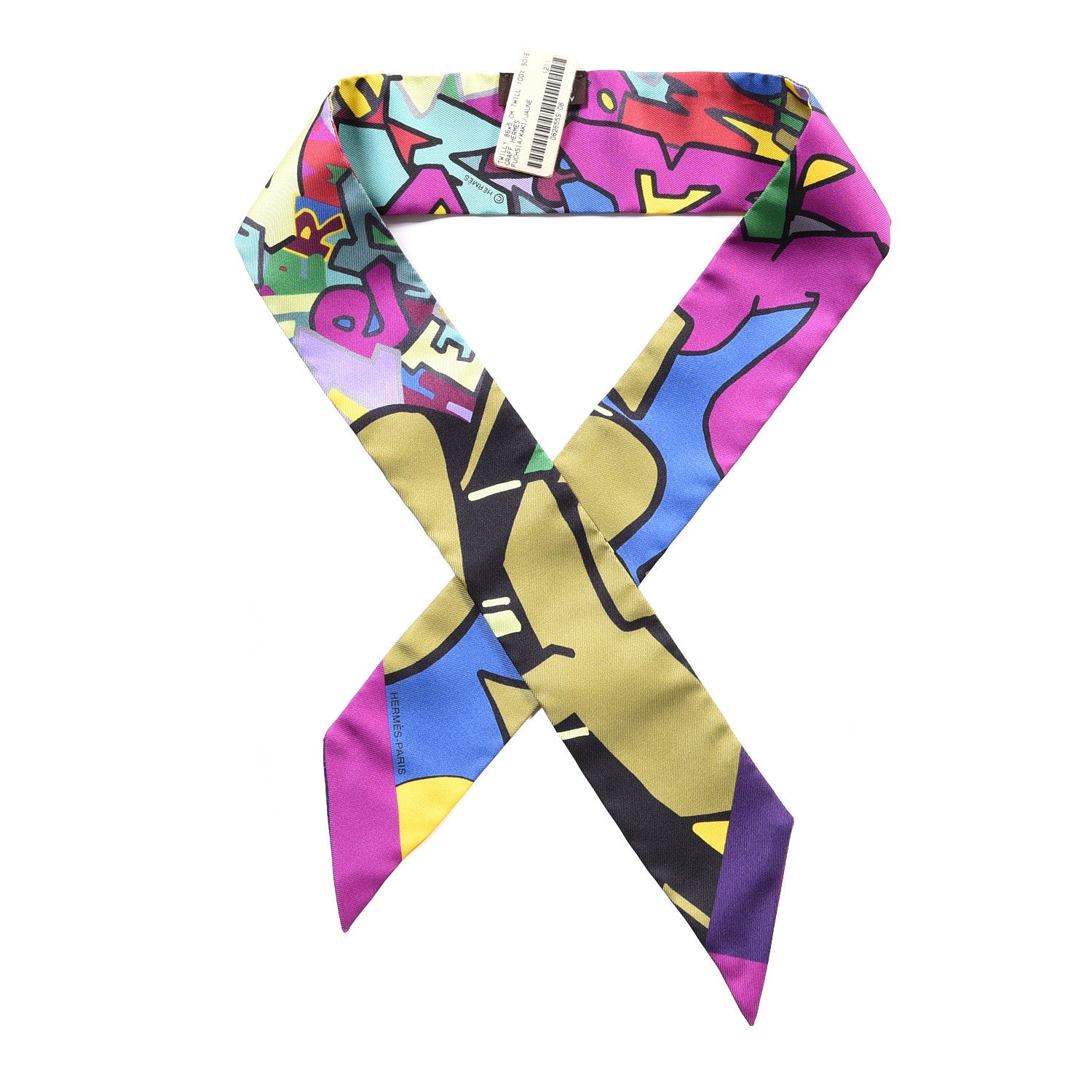 Hermes Silk Graff Graffiti Twilly Fuchsia Kaki Jaune 1 of 4