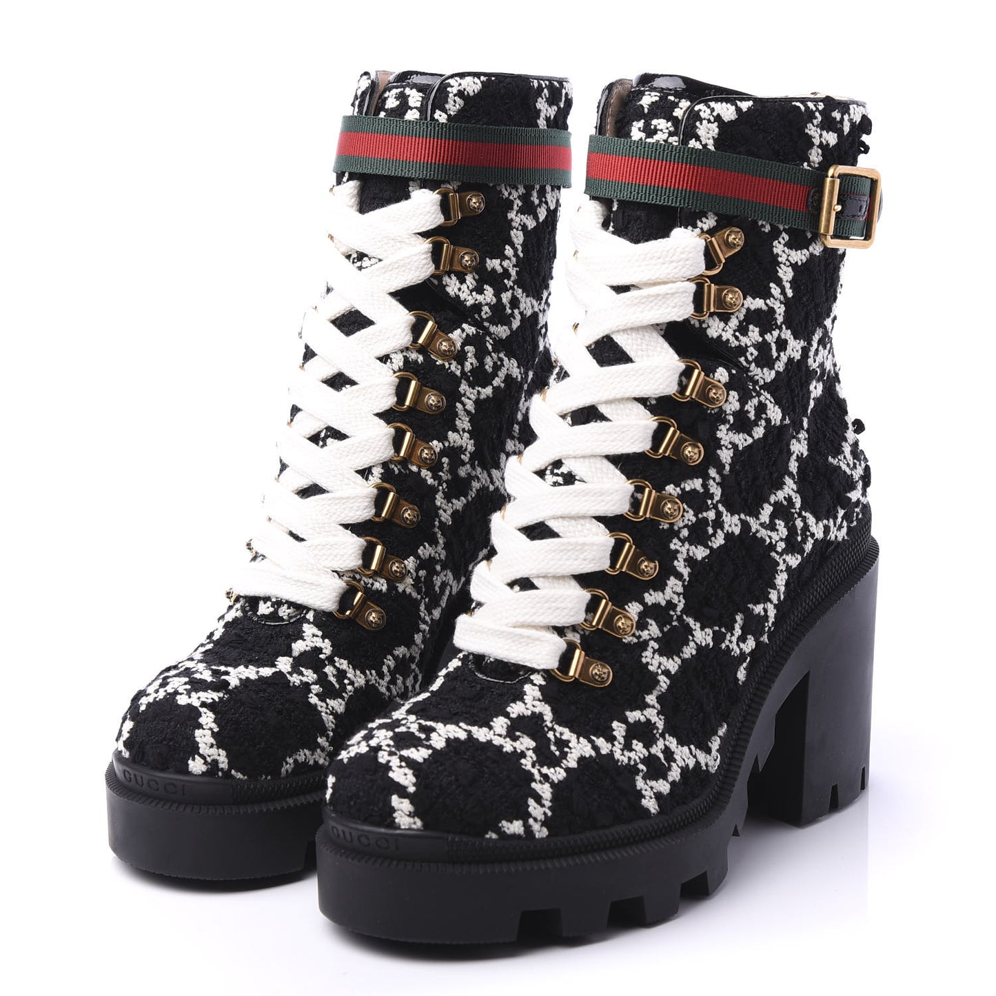 Tweed GG Monogram Lace Up Combat Ankle Boots 38 Black