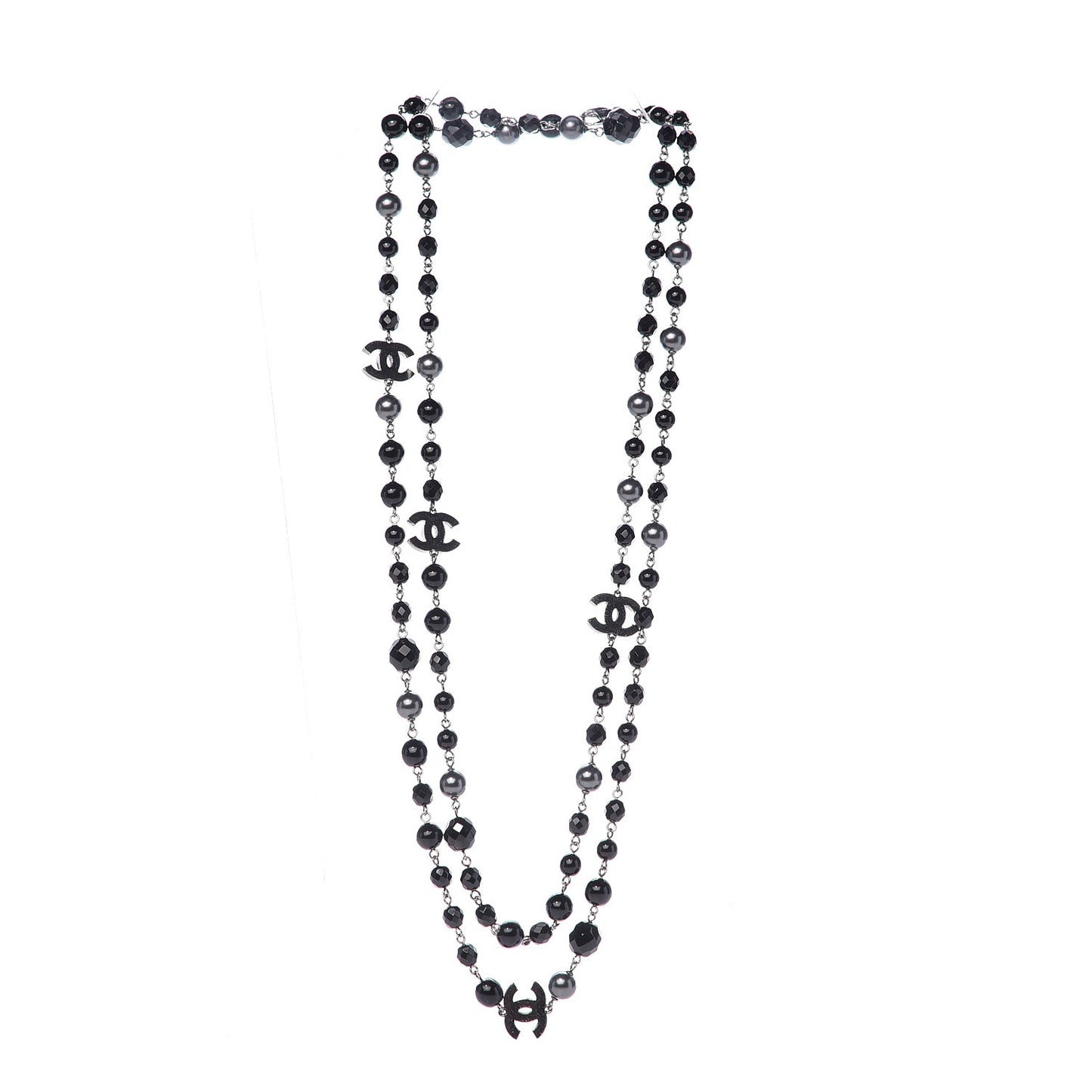 Pearl Beaded CC Long Necklace Black