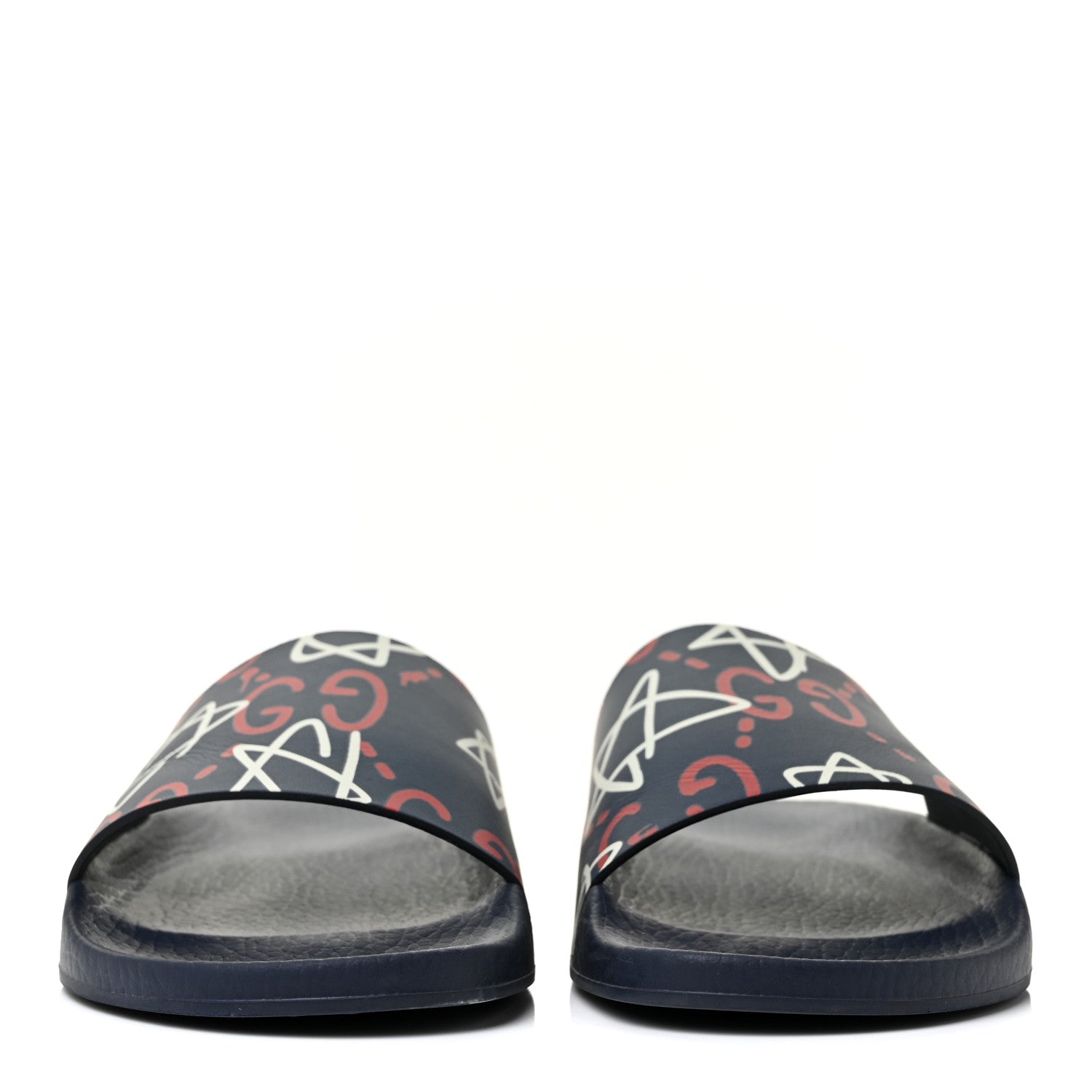 Gucci Calfskin GucciGhost Print Womens Slide Sandals 40 Blue Agata Hibiscus Red 2 of 9