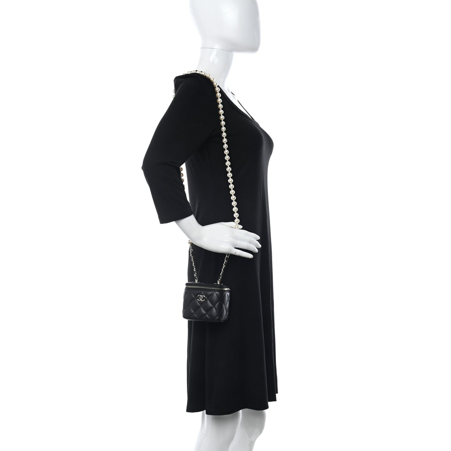 Lambskin Quilted Mini Vanity Case With Pearl Chain Black