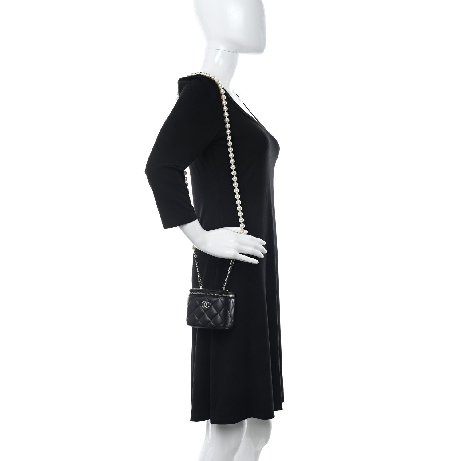 Chanel Lambskin Quilted Mini Vanity Case With Pearl Chain Black 2 of 12
