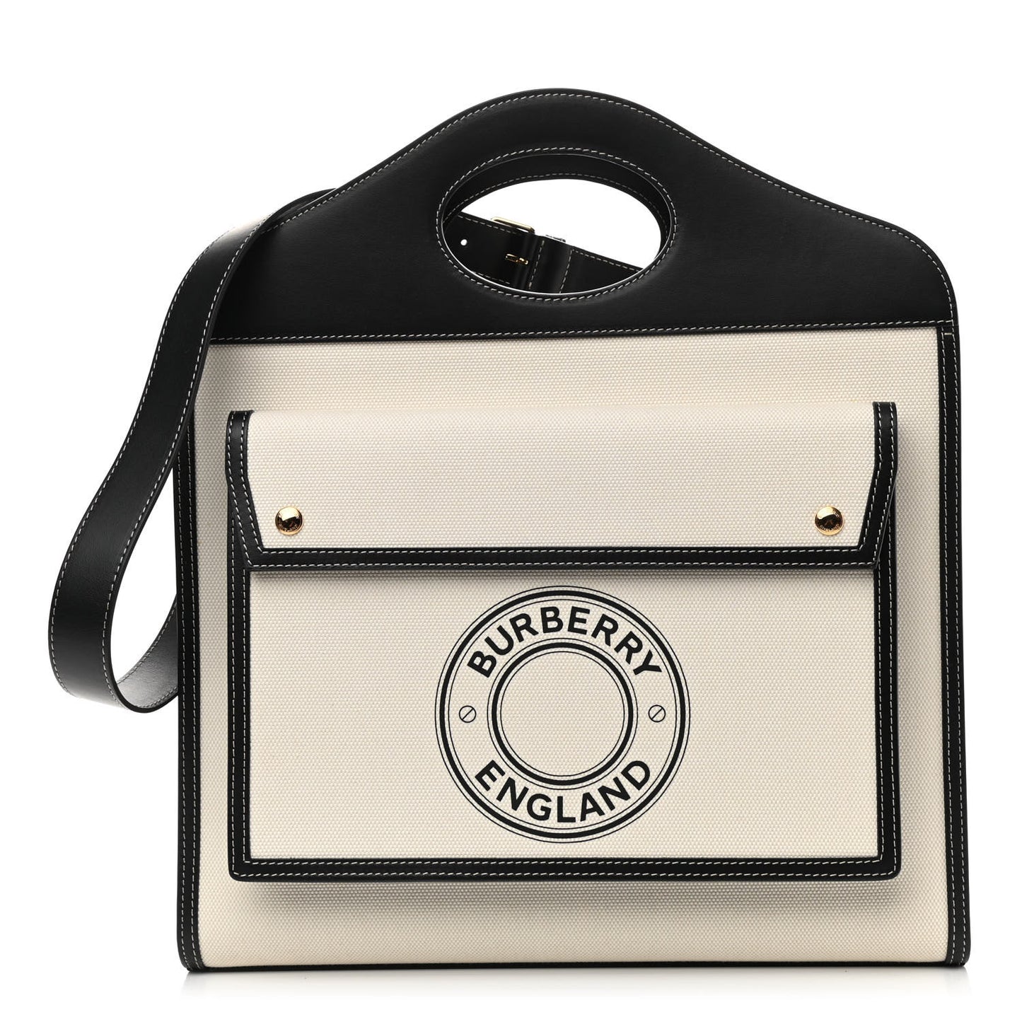 Canvas Smooth Calfskin Two Tone Medium Pocket Bag Natural Black