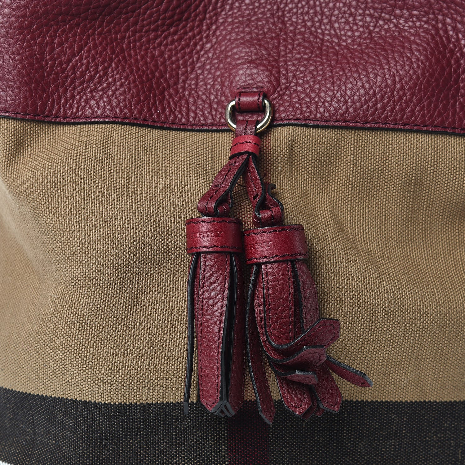 Burberry Grainy Calfskin Canvas Mega Check Medium Ashby Tassel Hobo Burgundy Red 9 of 10