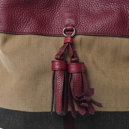 Burberry Grainy Calfskin Canvas Mega Check Medium Ashby Tassel Hobo Burgundy Red 9 of 10
