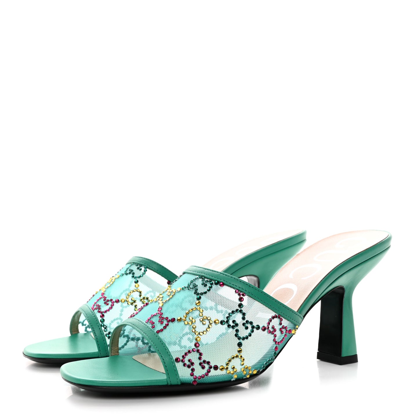 Tela Retino Nappa Crystal GG Monogram Square G 95mm Slide Sandals 37 Turquoise