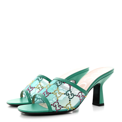 Gucci Tela Retino Nappa Crystal GG Monogram Square G 95mm Slide Sandals 37 Turquoise 3 of 8