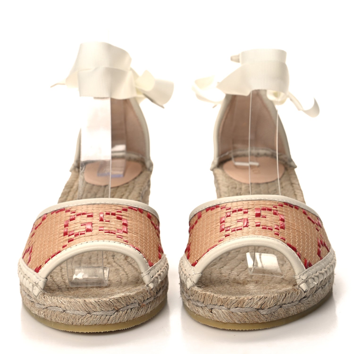 Gucci GG Raffia Monogram Ankle Wrap Platform Espadrille Wedge Sandals 37 Beige 2 of 9