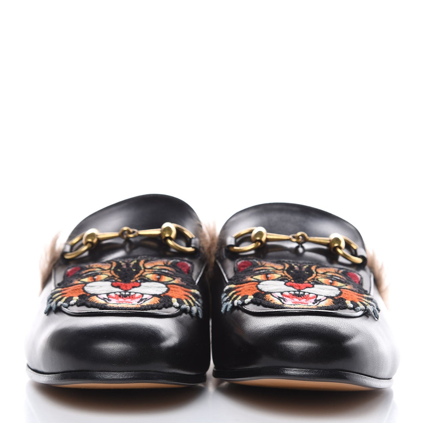 Calfskin Fur Angry Cat Embroidered Mens Princetown Slippers 7 Black