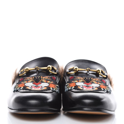 Gucci Calfskin Fur Angry Cat Embroidered Mens Princetown Slippers 7 Black 2 of 9
