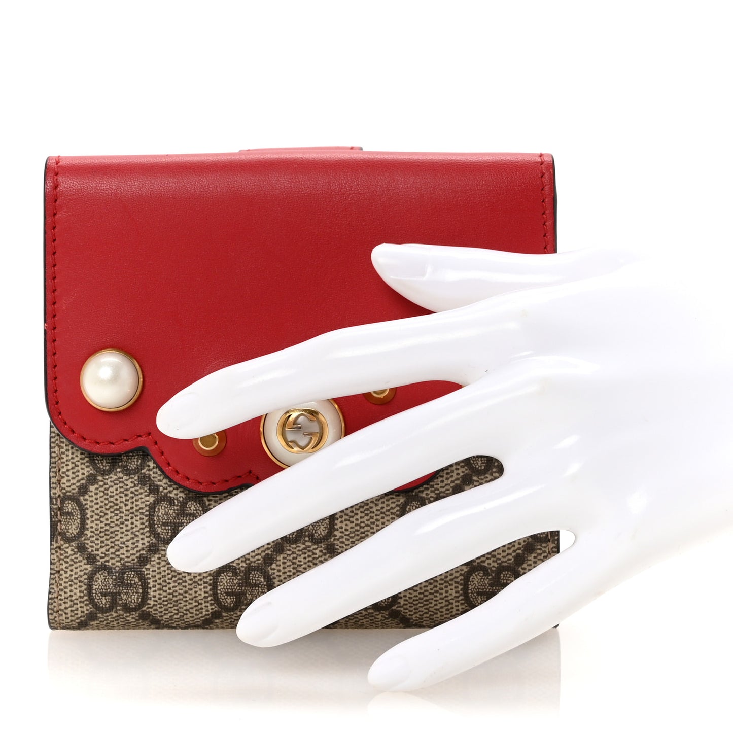 GG Supreme Monogram Pearl Studded French Wallet Beige Hibiscus Red