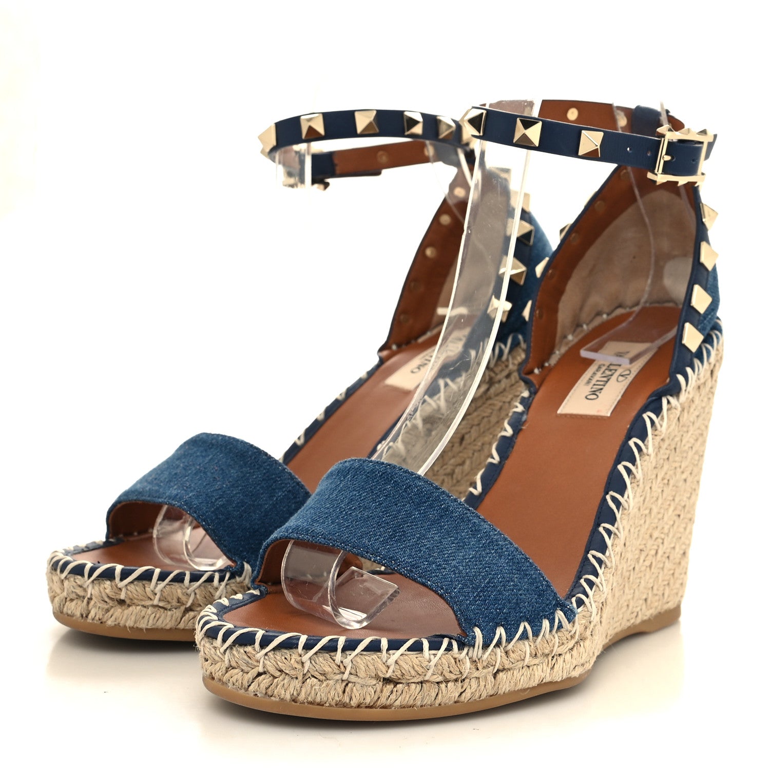 Valentino Garavani Denim Rockstud Ankle Strap Espadrille 15/105mm Wedge Sandals 37 Light Denim 3 of 8