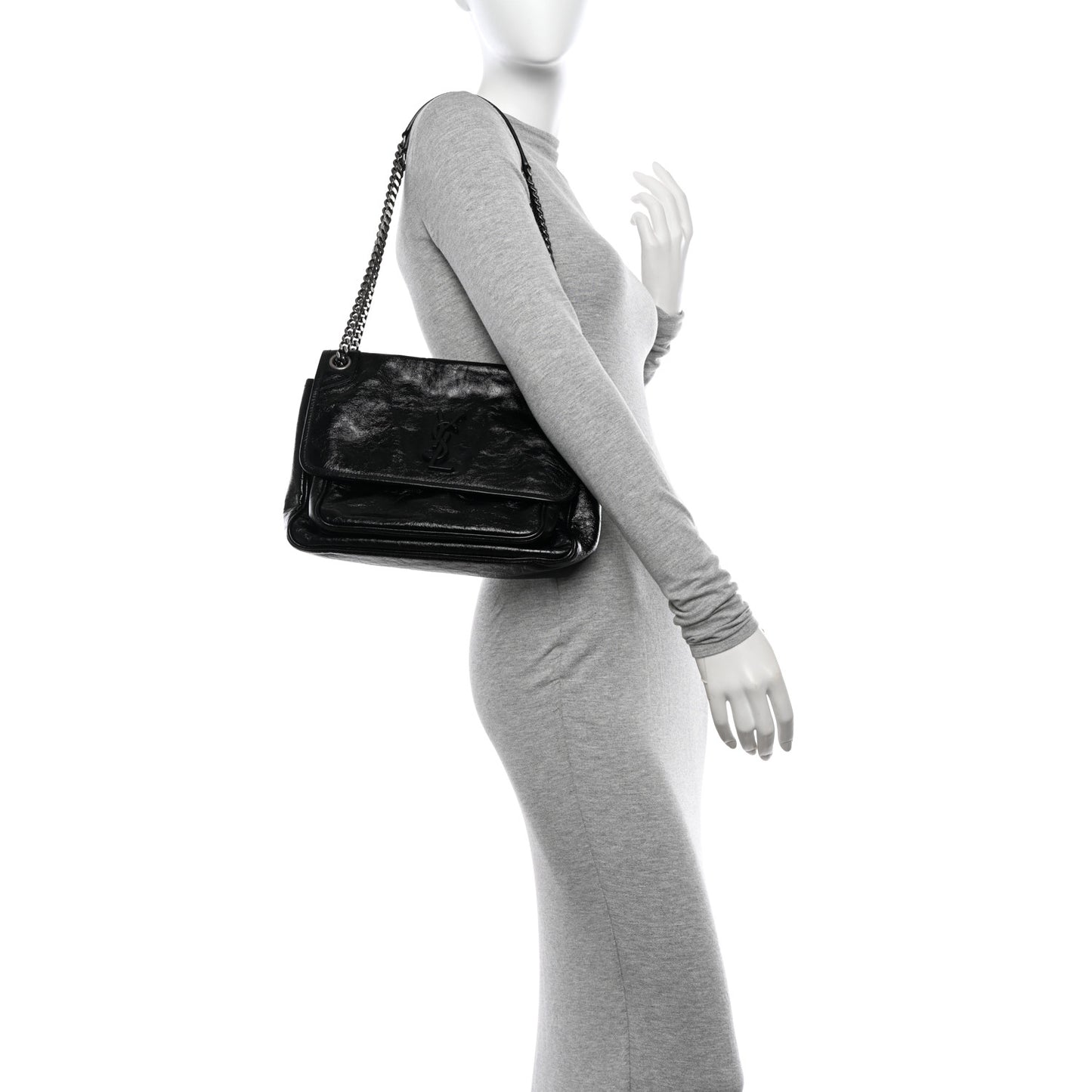 Crinkled Calfskin Monogram Medium Niki Chain Satchel Black