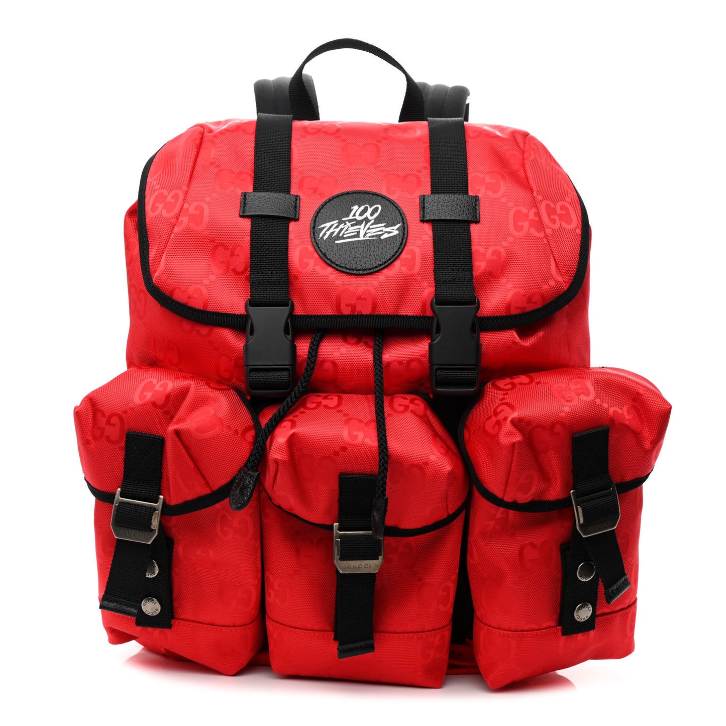X 100 THIEVES Econyl Nylon Monogram Off The Grid Utility Pocket Backpack Red Black