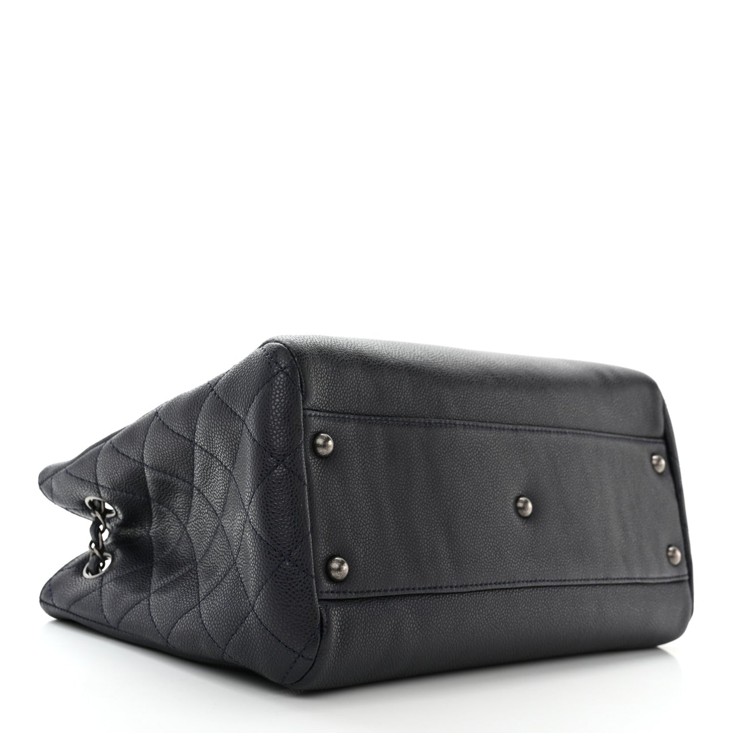 Metallic Grained Calfskin Woven Chain Medium Shopping Tote Dark Navy