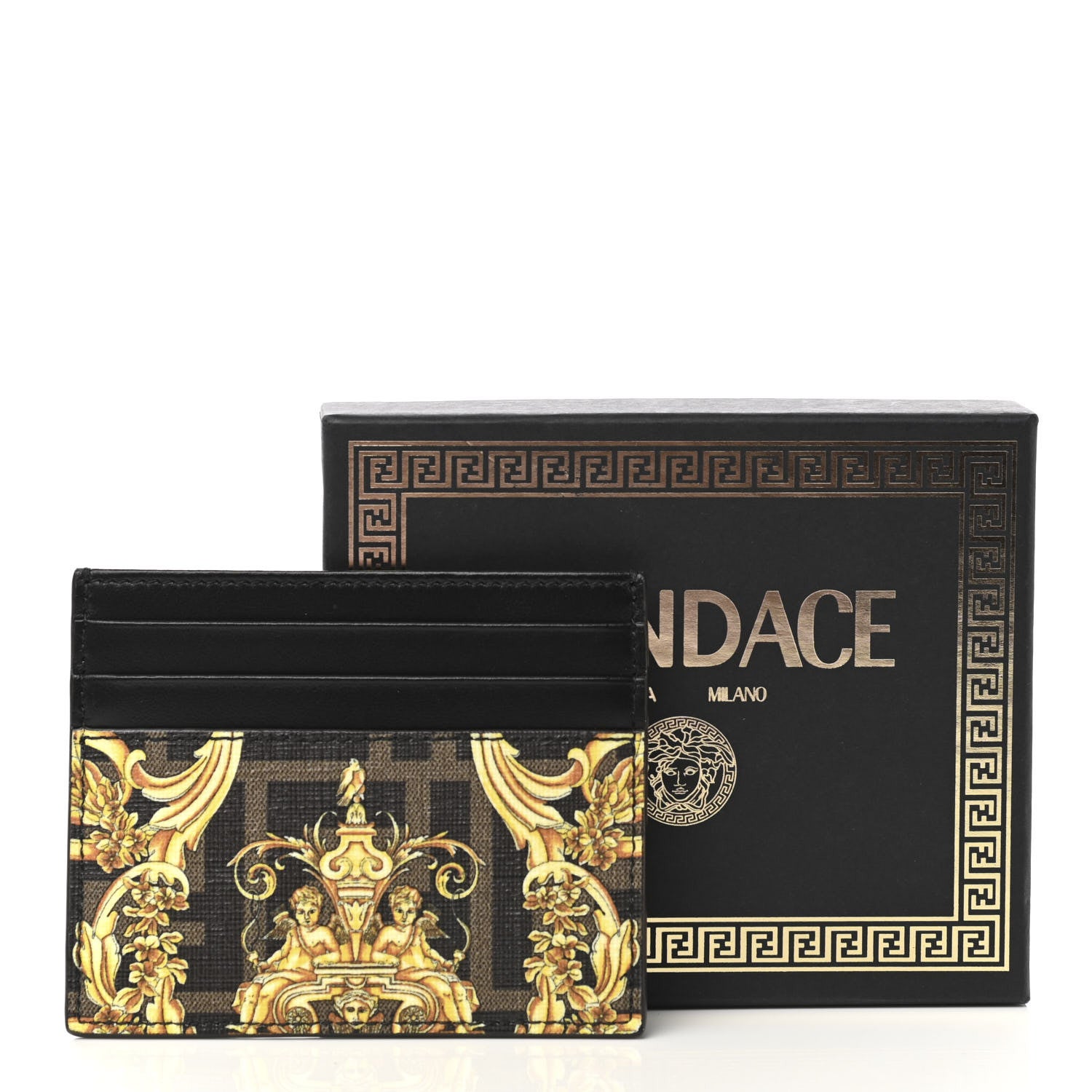 Fendi X VERSACE Glazed Fabric Vitello Cover Fendace FF Baroque Card Holder Black Gold 8 of 8