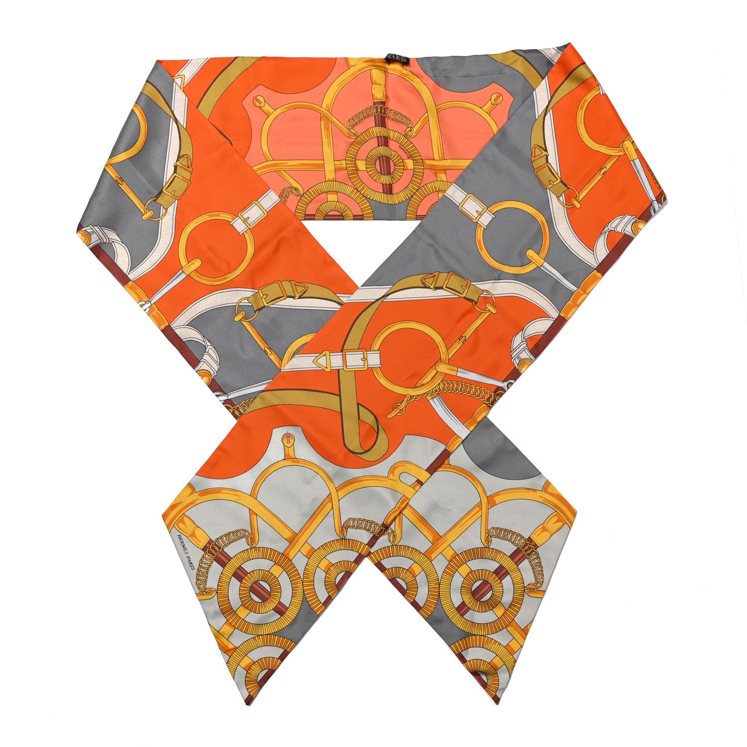 Hermes Silk Eperon D'Or Remix Maxi Twilly Orange Gris Or 1 of 6