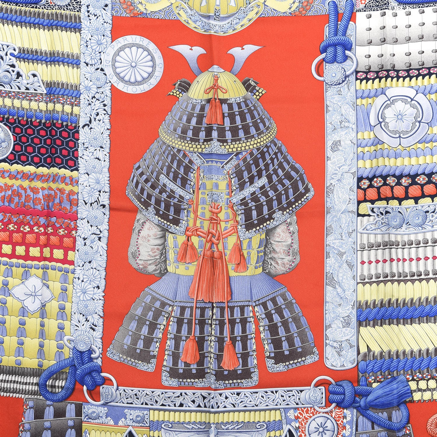 Hermes Silk Parures de Samourais Scarf 90 Rouge Bleu Moutarde 2 of 4