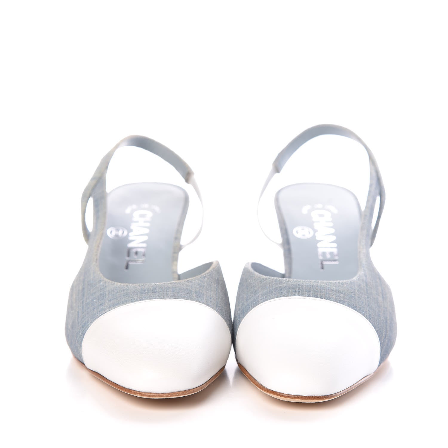 Chanel Denim Lambskin Cap Toe CC Slingback Pumps 35.5 Light Blue White 2 of 9