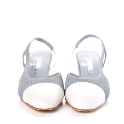 Chanel Denim Lambskin Cap Toe CC Slingback Pumps 35.5 Light Blue White 2 of 9