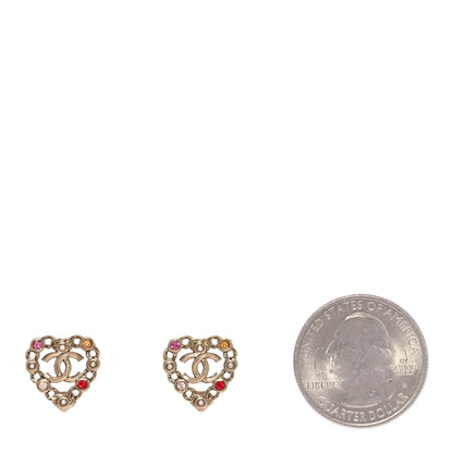 Chanel Pearl Crystal CC Heart Earrings Gold Multicolor 2 of 5
