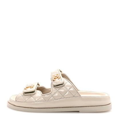 Chanel Shiny Calfskin Pearl Quilted Velcro Dad CC Slide Sandals 36.5 Light Beige 1 of 9