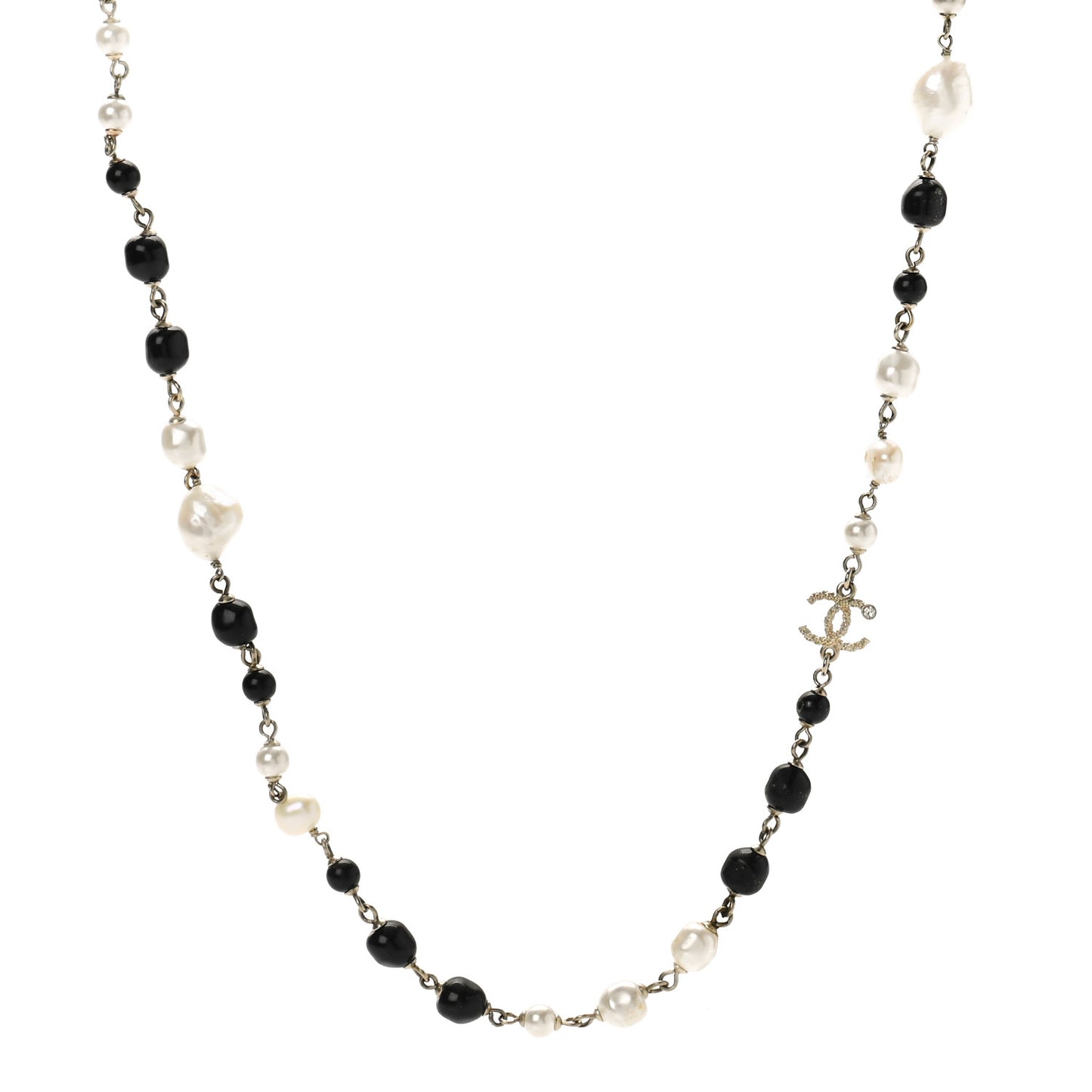 Pearl Beaded Crystal CC Long Necklace Gold Black White