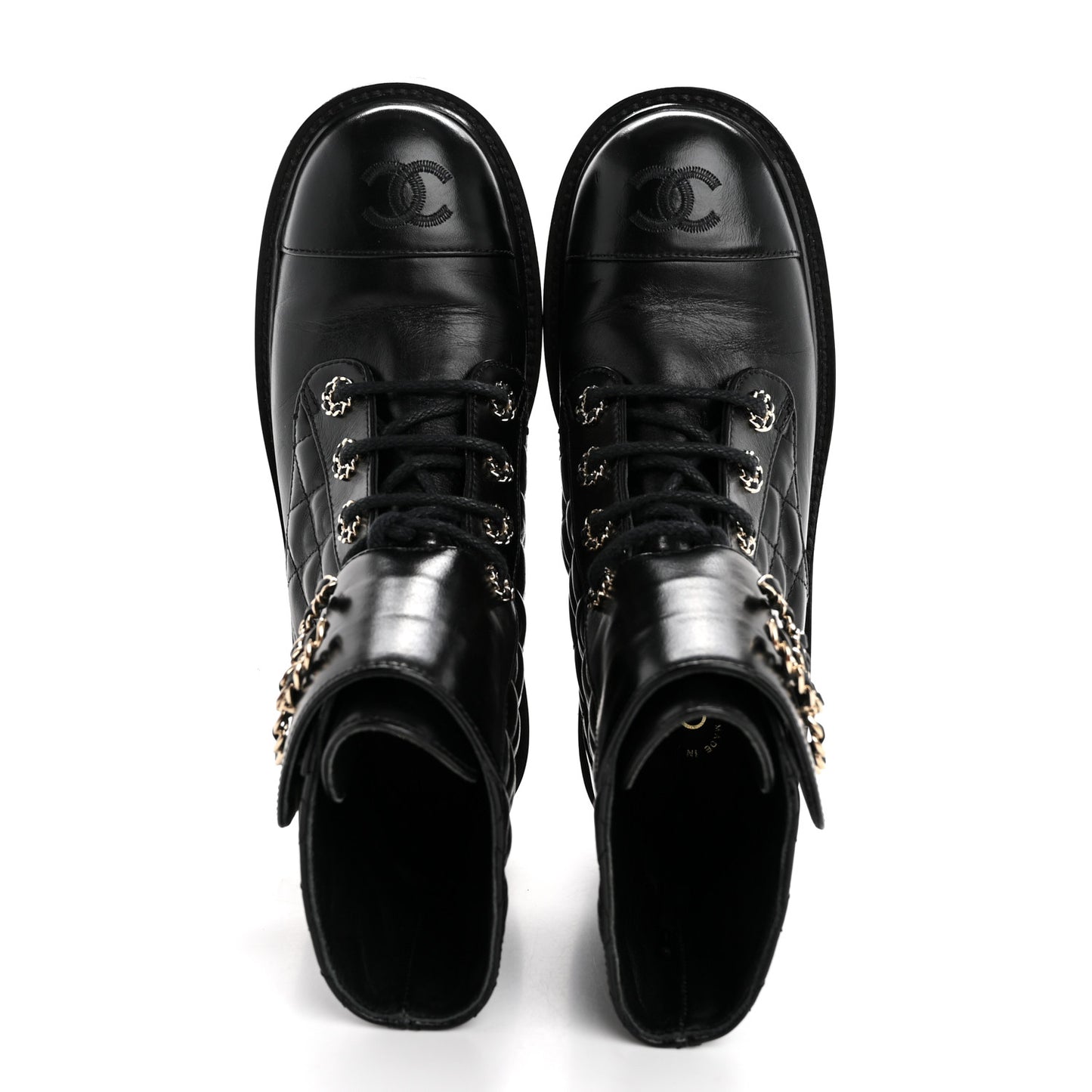 Shiny Calfskin Quilted Lace Up Combat Boots 37.5 Black