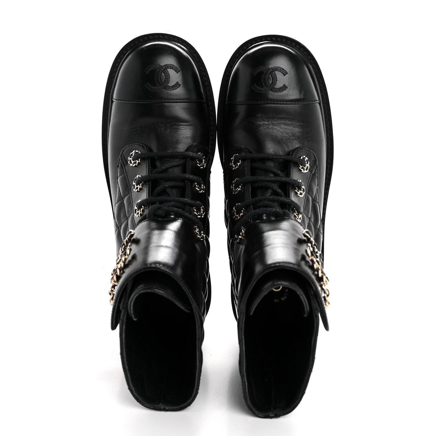 Chanel Shiny Calfskin Quilted Lace Up Combat Boots 37.5 Black 2 of 12