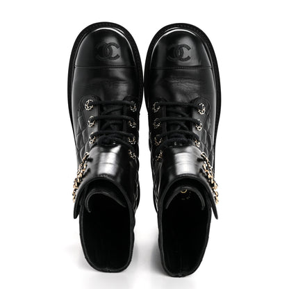 Chanel Shiny Calfskin Quilted Lace Up Combat Boots 37.5 Black 2 of 12