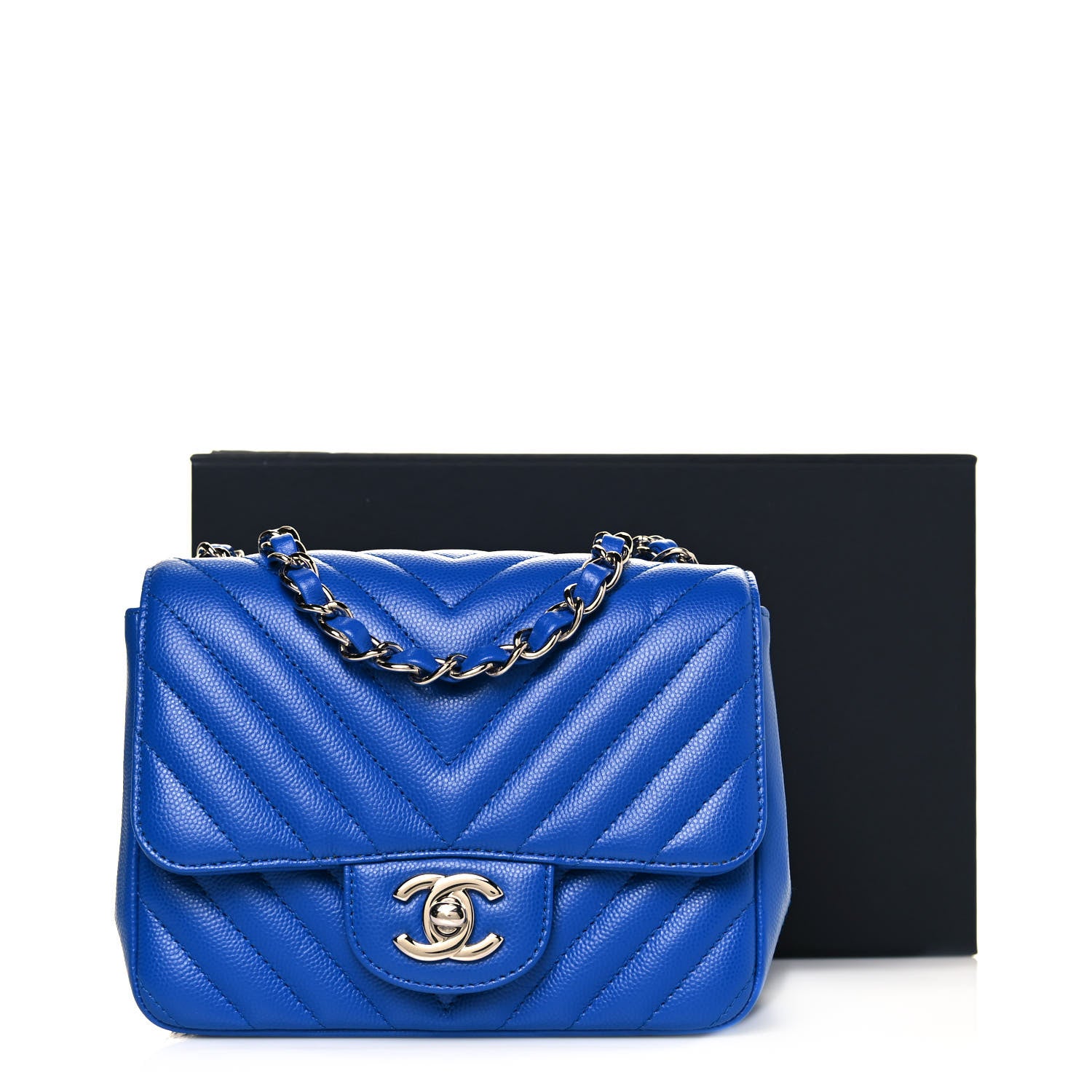 Chanel Caviar Chevron Quilted Mini Square Flap Blue 13 of 13