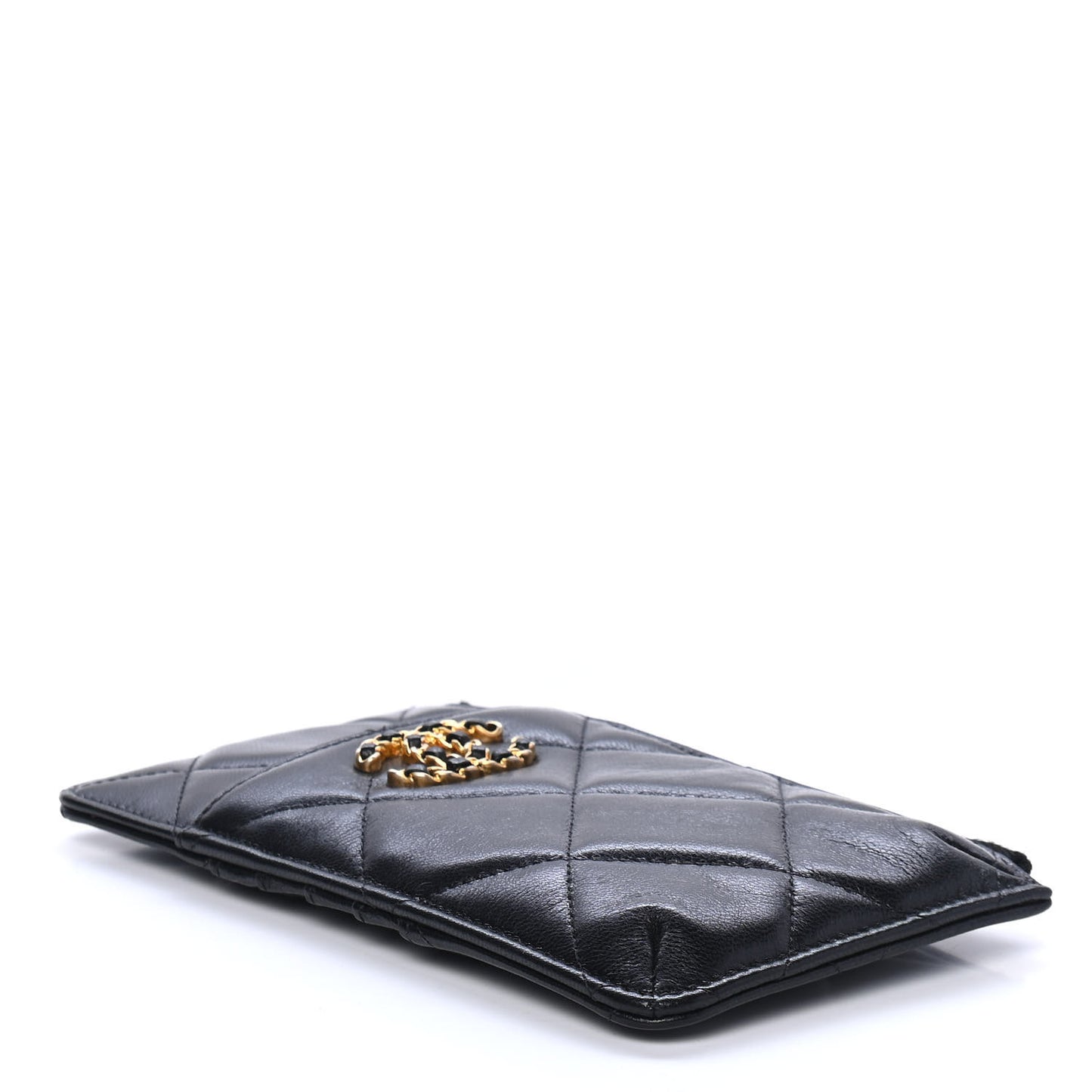 Shiny Goatskin Quilted Chanel 19 Phone and Card Holder Black