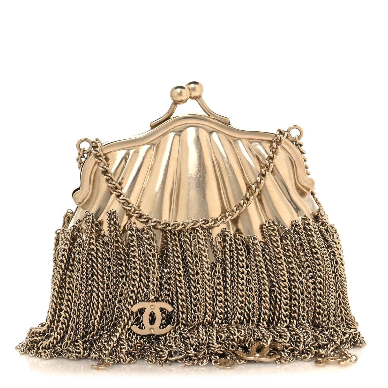 Chanel Metal Seashell Kiss Lock CC Chain Fringe Minaudiere Clutch Gold 1 of 11
