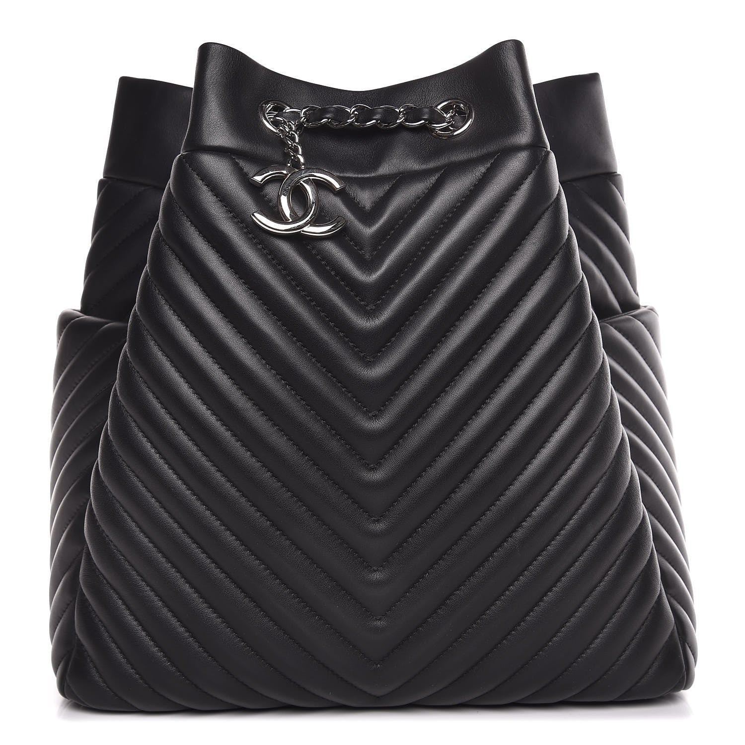 Chanel Calfskin Chevron Large Urban Spirit Drawstring Bag Black 1 of 8