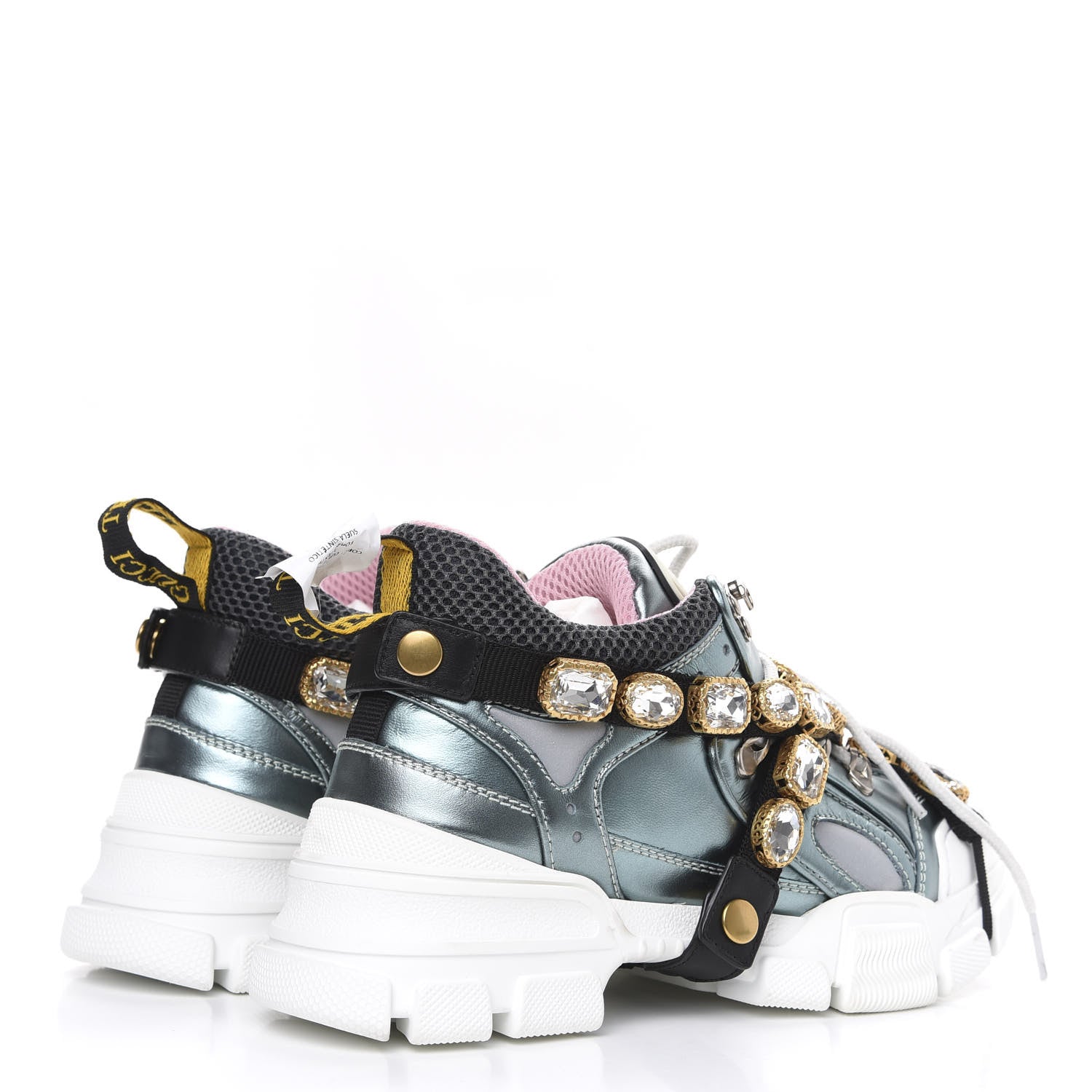 Gucci X SEGA Metallic Calfskin Removable Crystals Womens Flashtrek Sneakers 36 Lago Loess Silver 4 of 8