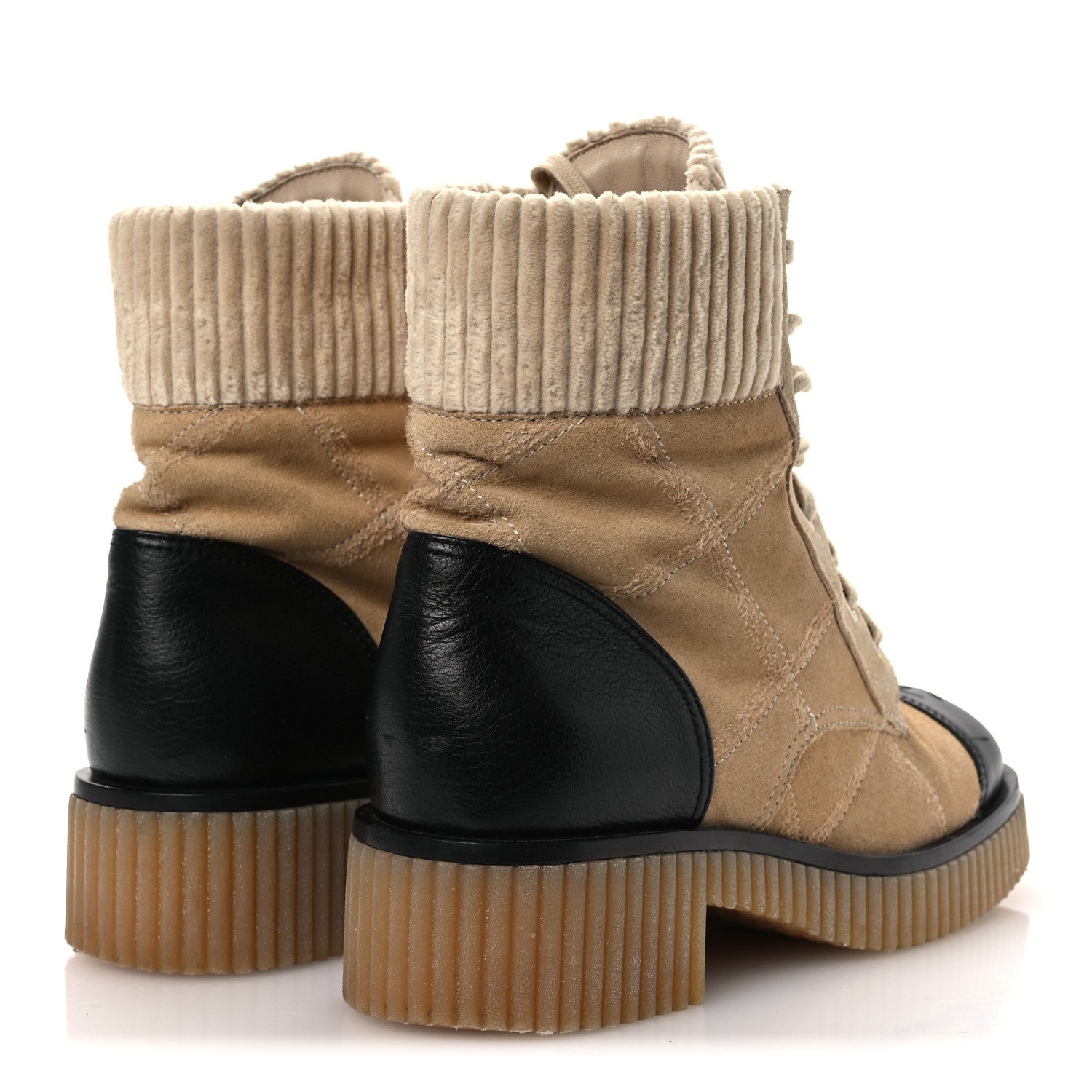 Chanel Suede Calfskin Velvet Quilted CC Combat Boots 37.5 Beige Black 5 of 14