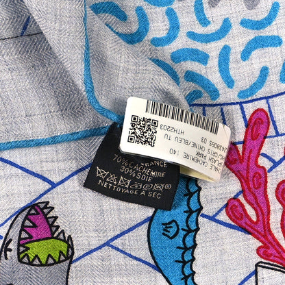 Hermes Cashmere Silk Splash Park Shawl 140 Gris Chine Bleu Turquoise 4 of 5