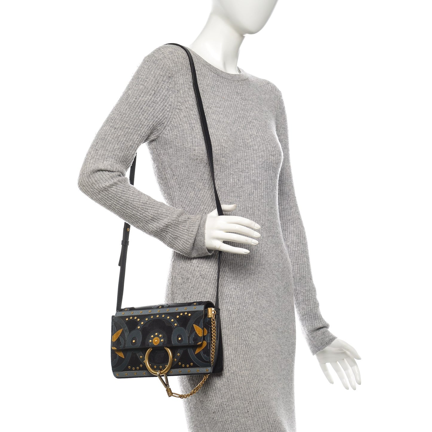 Calfskin Suede Floral Patchwork Studded Small Faye Shoulder Bag Full Blue