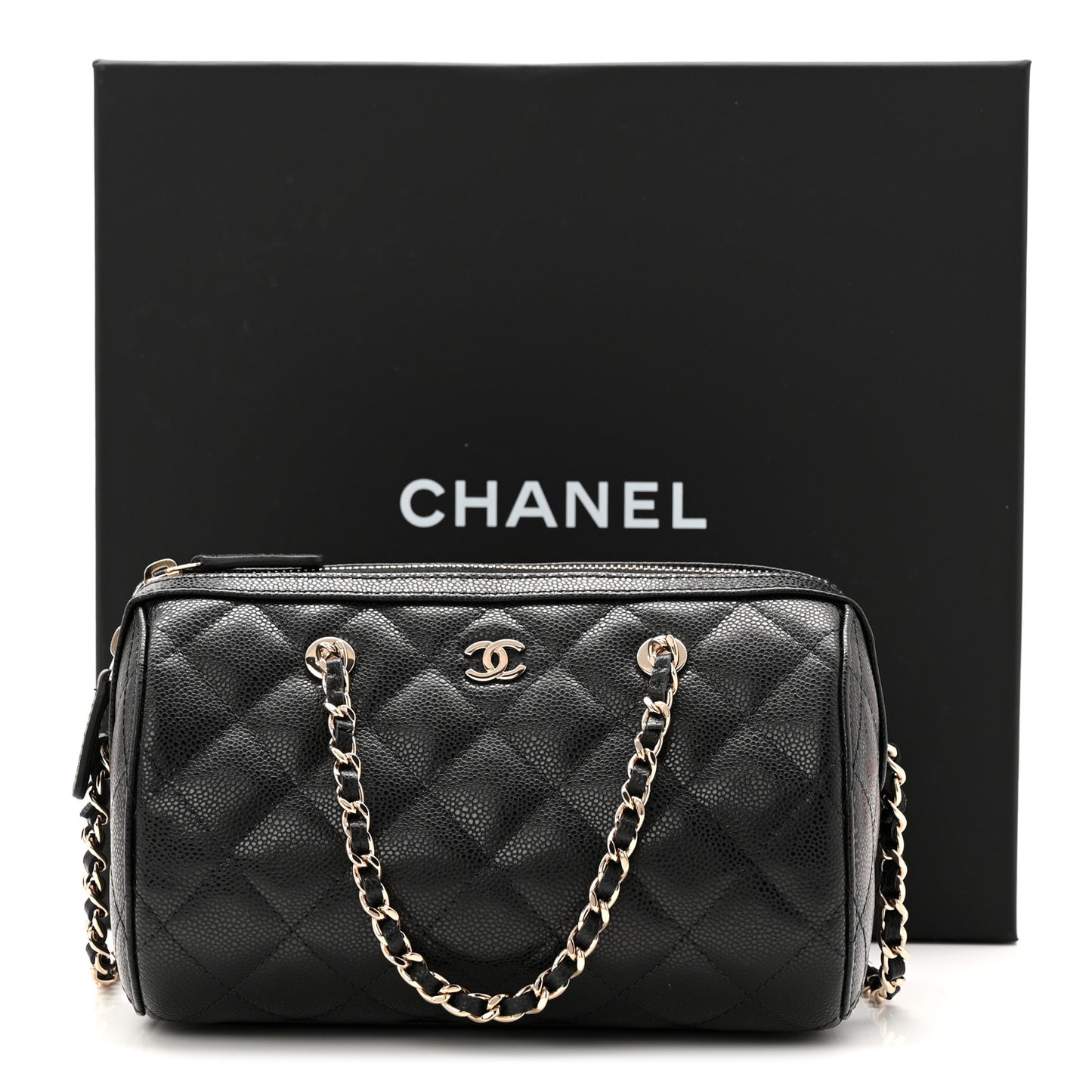 Caviar Quilted Barrel Clutch With Chain Black