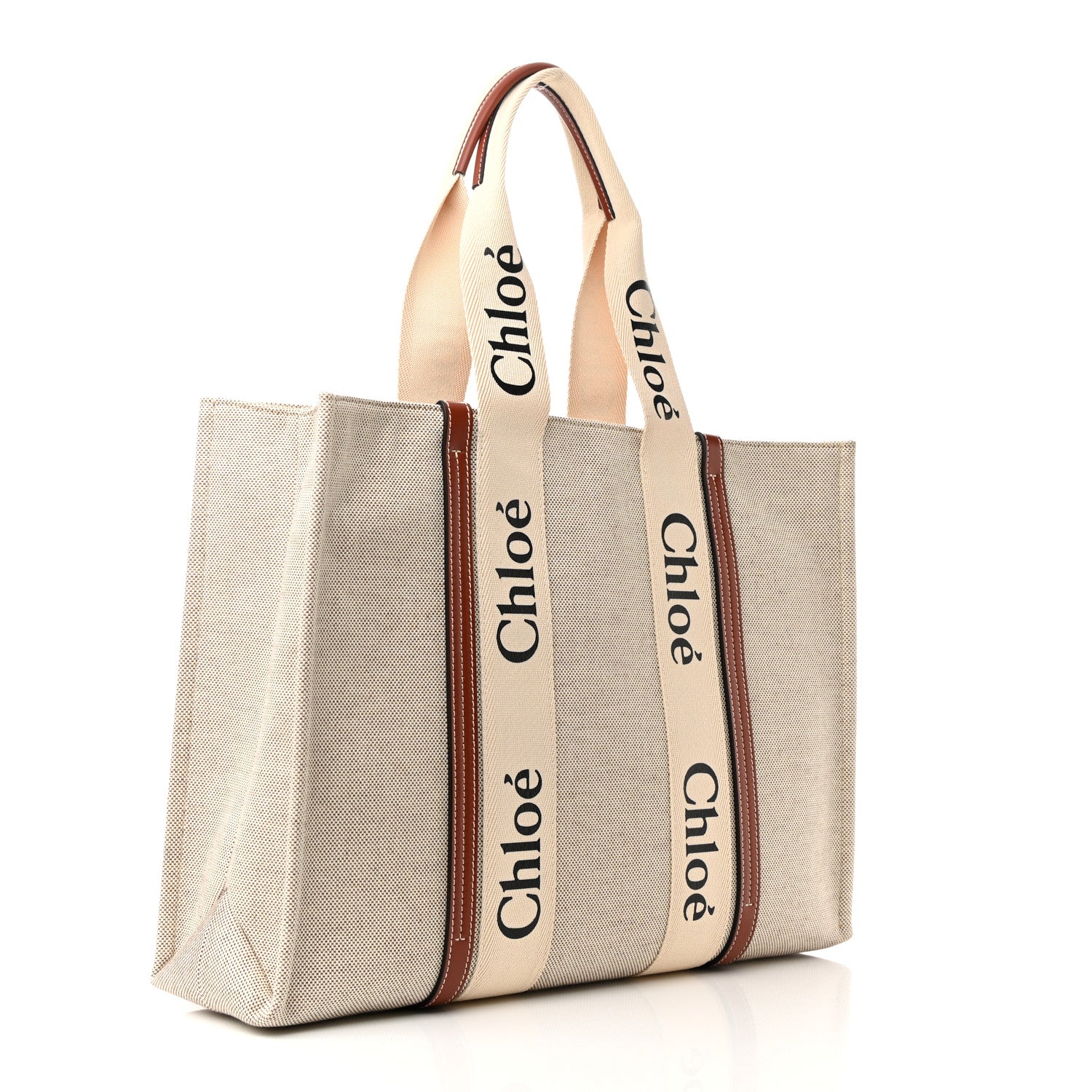 Chloe Cotton Calfskin Large Woody Ribbon Tote White Brown 3 of 11