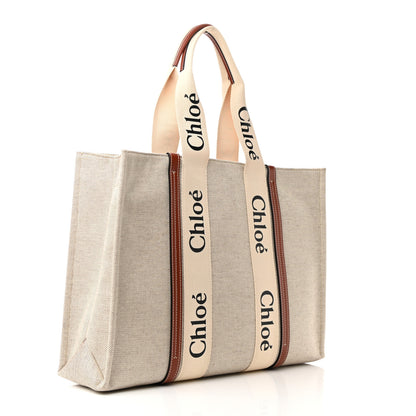 Chloe Cotton Calfskin Large Woody Ribbon Tote White Brown 3 of 11